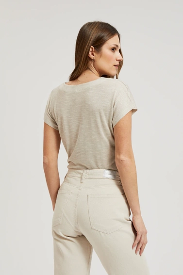 Gładka bluzka z dekoltem i krótkimi rękawami beżowa