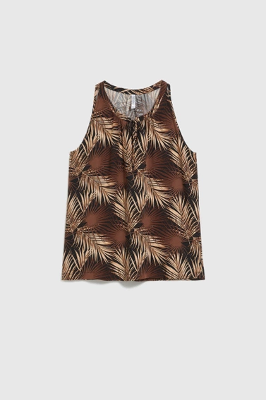 Koszula w tropiklany wzór z wiązanym dekoltem czarna