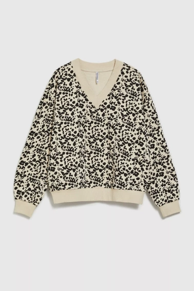 Wzorzysta bluza z dekoltem w serek i długimi rękawami beżowa