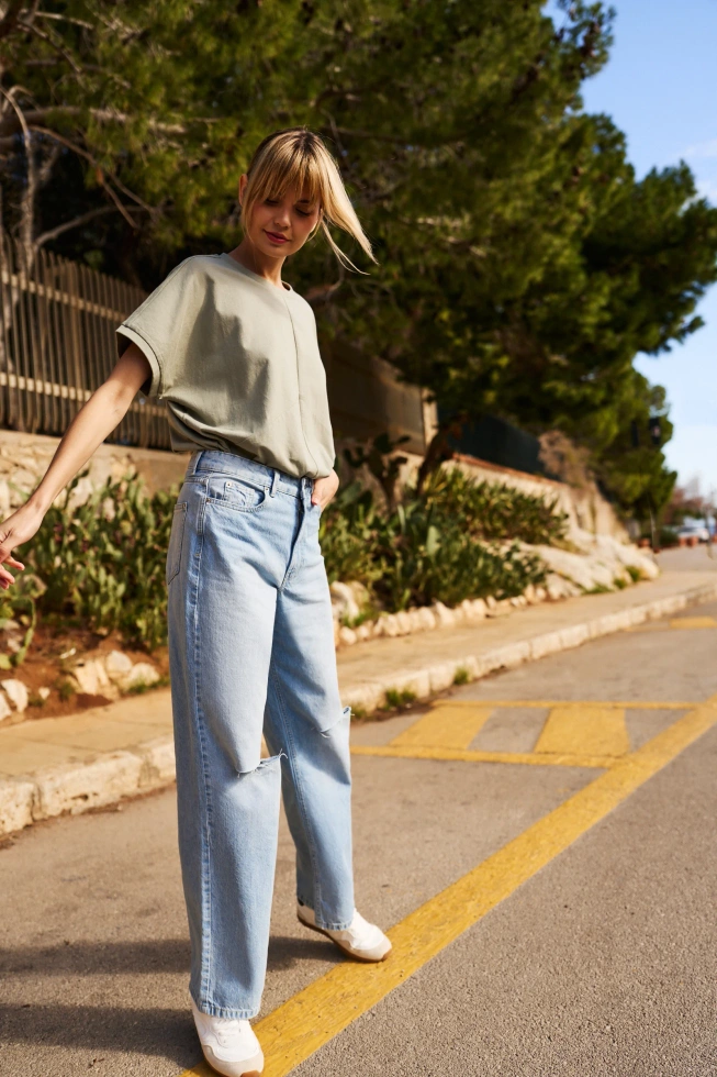 Bawełniana bluzka z krótkimi rękawami oliwkowa