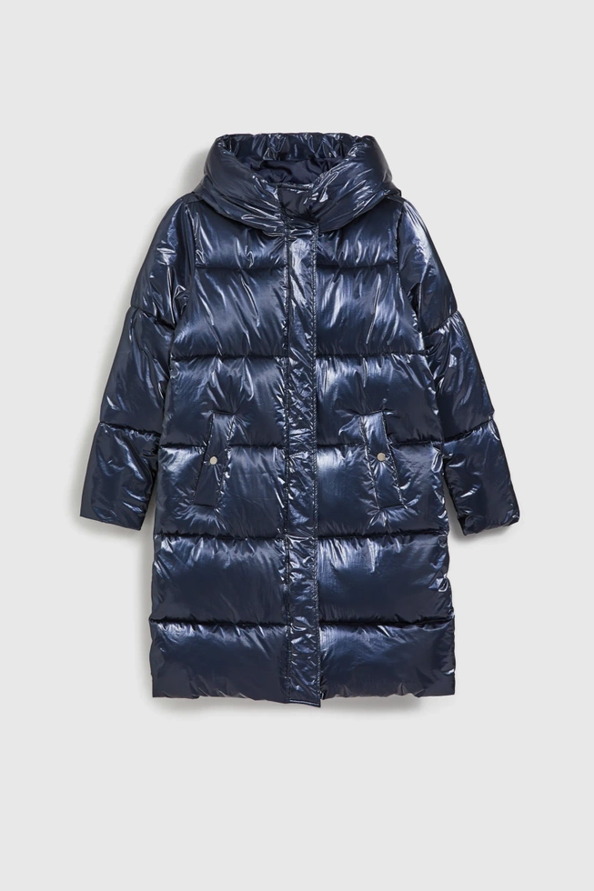 Długa metaliczna kurtka granatowa