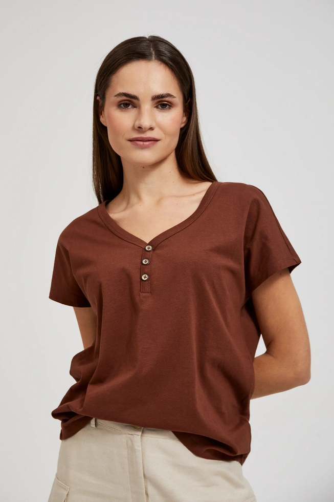 Bluzka z guzikami na dekolcie brązowa