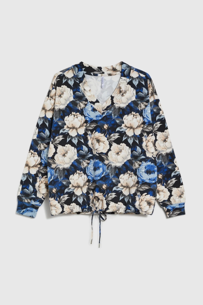 Bluza w kwiaty z dekoltem w serek czarna