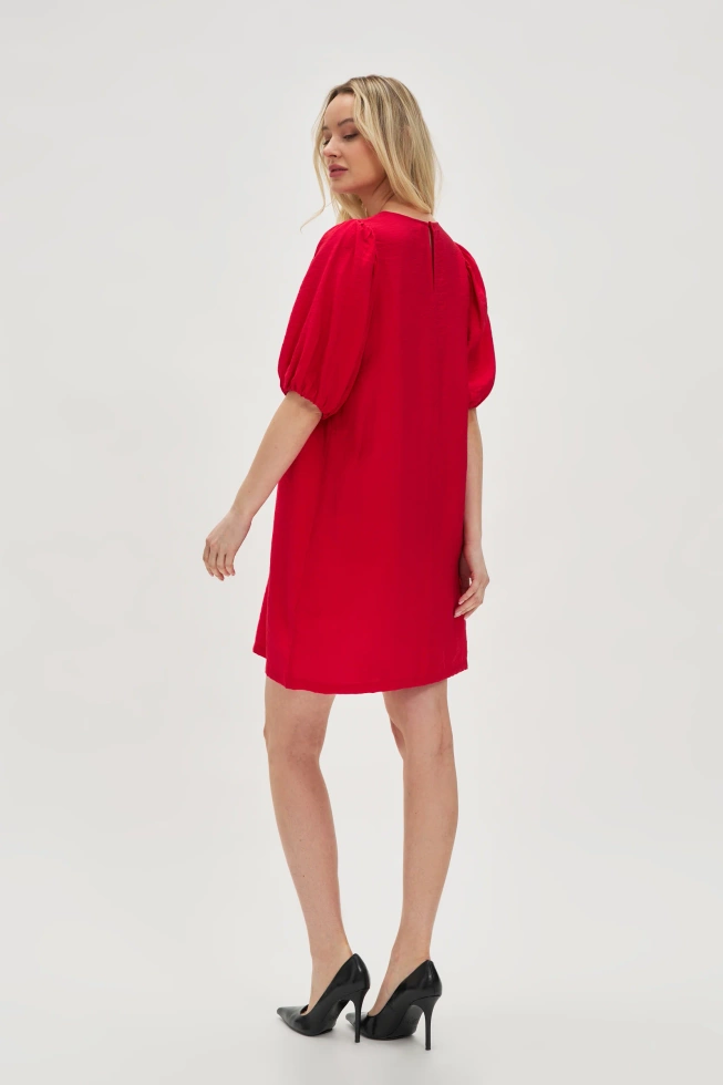 Sukienka z wiskozy z bufiastymi rękawami czerwona