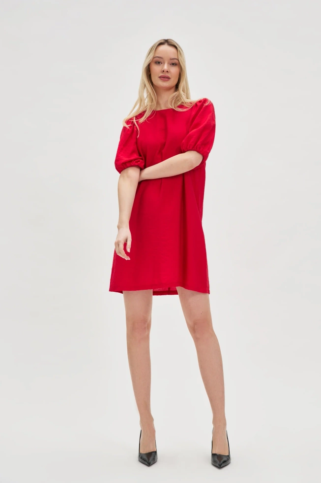Sukienka z wiskozy z bufiastymi rękawami czerwona