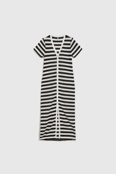 Sukienka w paski zapinana na guziki czarno-beżowa