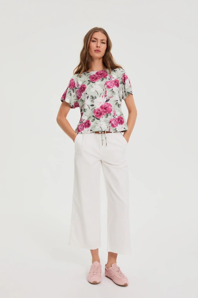 Bluzka w kwiaty z wiązaniem oliwkowa