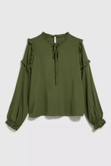 Koszula z falbanami na rękawach i wiązaniem na dekolcie khaki 