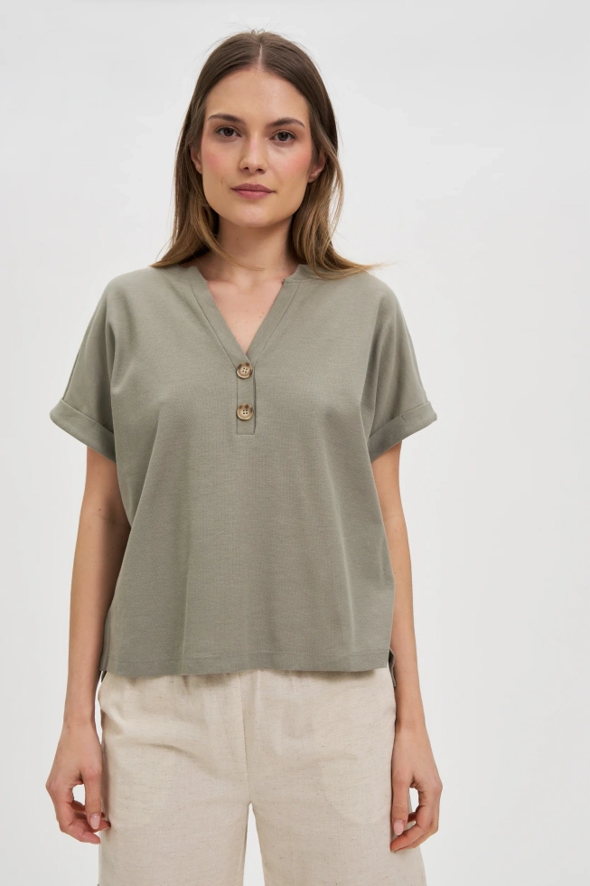 Bluzka z guzikami na dekolcie oliwkowa