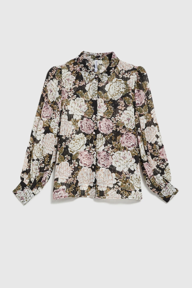 Plisowana koszula z kwiatowym wzorem i bufiastymi rękawami czarna