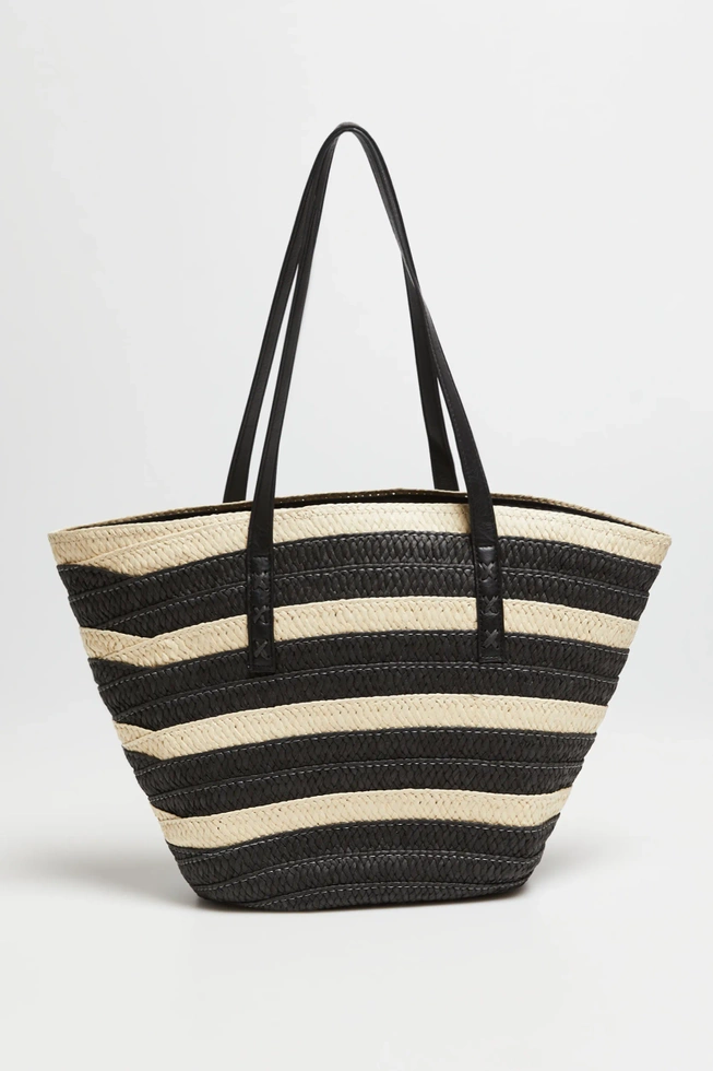 Słomkowa torba w paski czarna