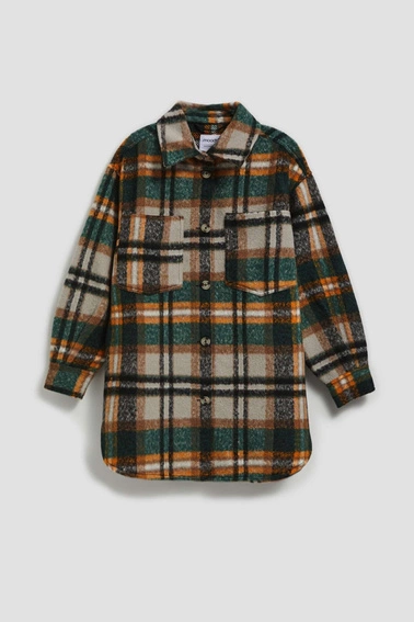 Koszulowa kurtka w kratę ciemnobeżowa
