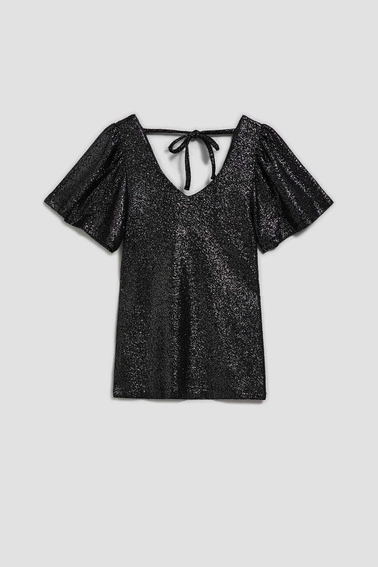 Bluzka z dekoltem w serek i bufiastymi krótkimi rękawami czarna