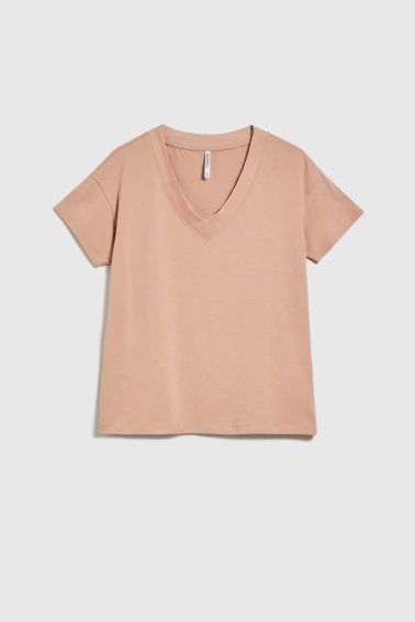 Bawełniany t-shirt z dekoltem w serek beżowy