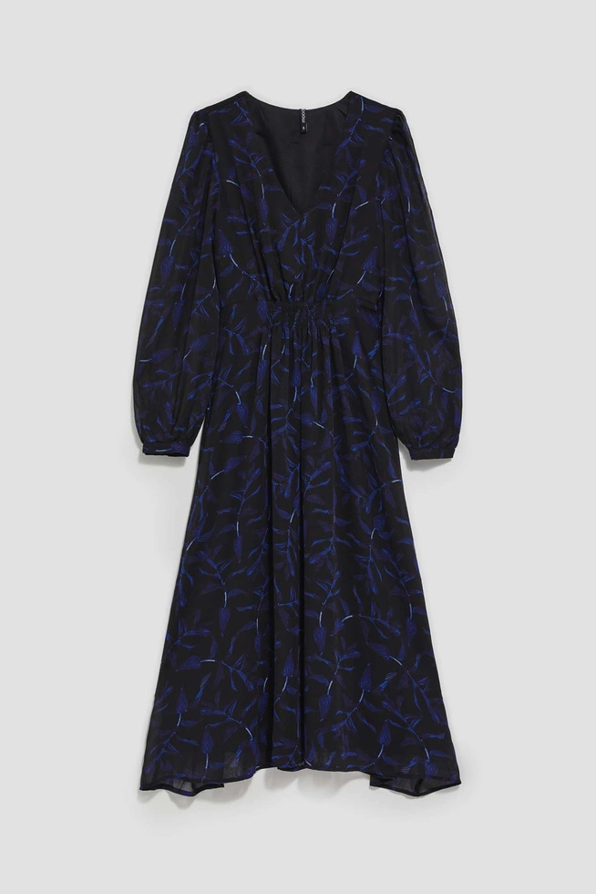 Sukienka midi z printem i bufiastymi rękawami czarna