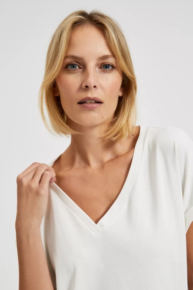 T-shirt z dekoltem w serek biały damski
