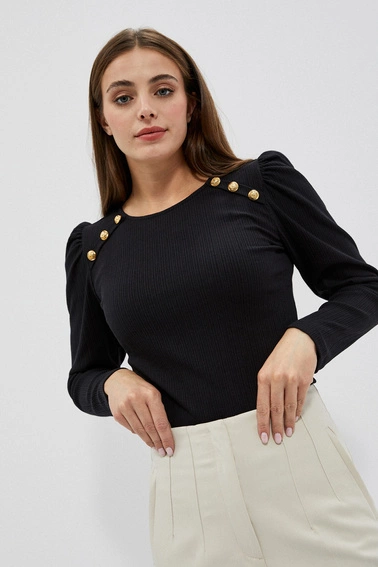 Bluzka z prążkowanej dzianiny z bufiastymi rękawami czarna