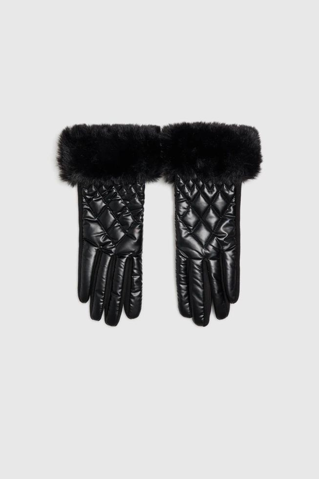 Pikowane rękawiczki z futerkiem czarne