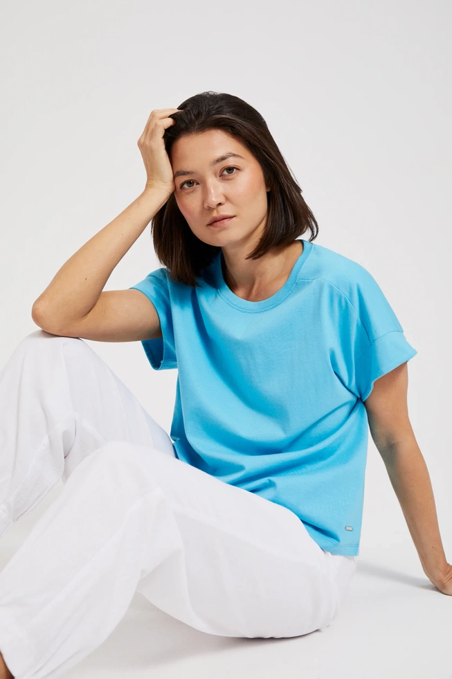 Gładka bluzka z okrągłym dekoltem turkusowa