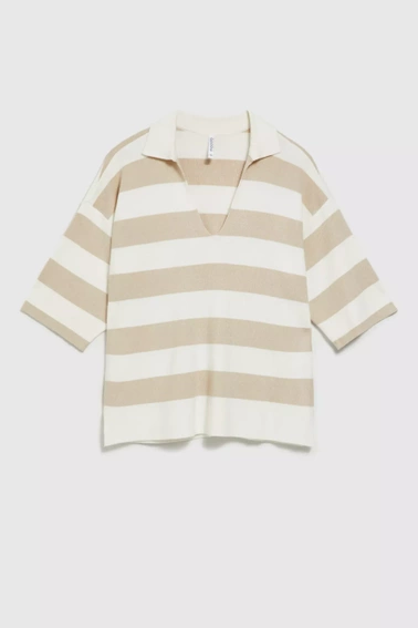 Sweter w szerokie pasy z krótkimi rękawami i dekoltem w serek beżowy