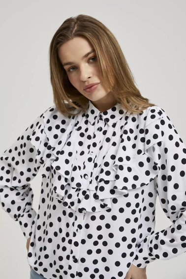 Koszula z falbaną i długimi rękawami ze wzorem kropek czarno-biała