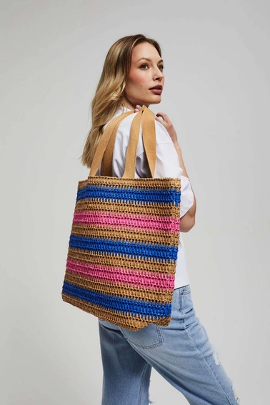 Pleciona torba na ramię w paski ciemnobeżowa