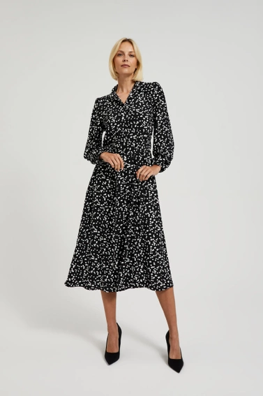 Wzorzysta sukienka midi z długimi rękawami czarna 