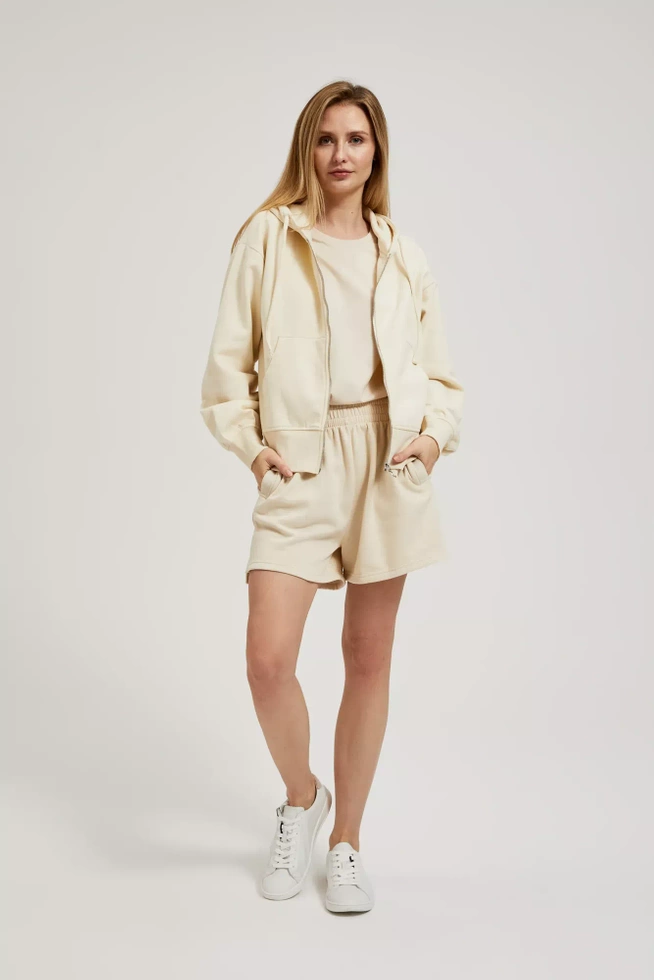 Rozpinana bluza z kapturem i bufiastymi rękawami beżowa