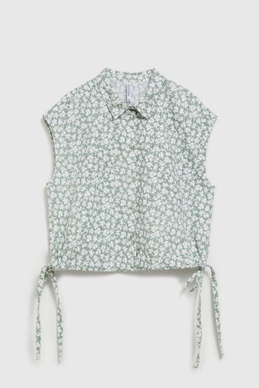 Koszula w kwiaty z krótkimi rękawami i kołnierzykiem oliwkowa