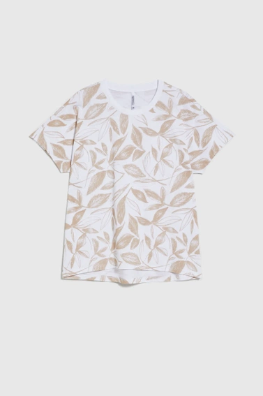 Bluza z okrągłym dekoltem i wzorem liści beżowa