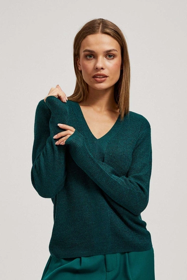 Dopasowany sweter z dekoltem w serek szmaragdowy