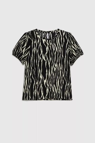 Wzorzysta bluzka z bufiastymi krótkimi rękawami czarna