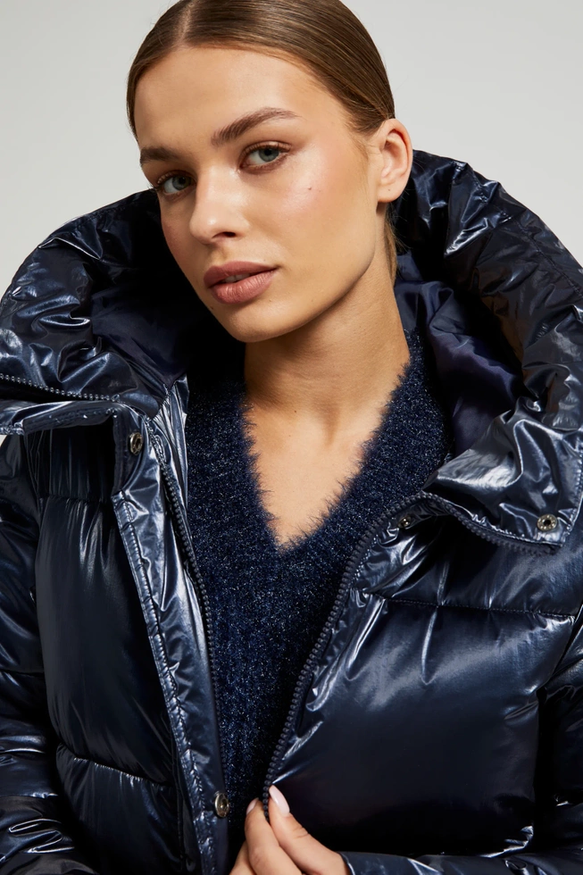 Długa metaliczna kurtka granatowa