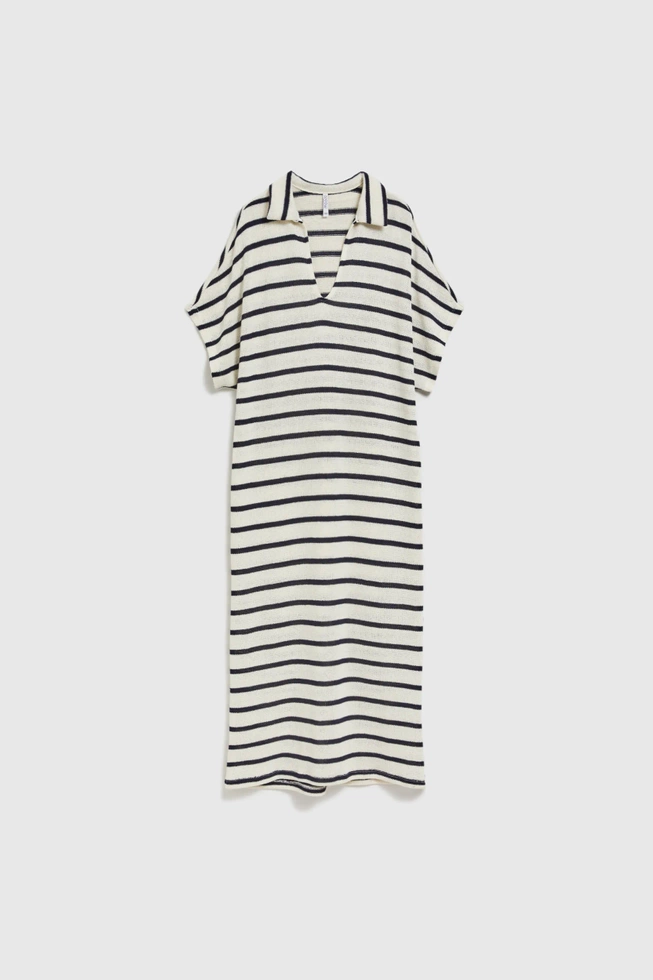 Sukienka z dekoltem w serek w paski beżowa