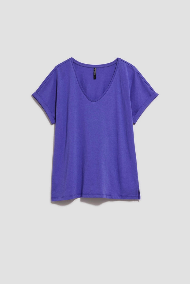 Bawełniany t-shirt z dekoltem w serek fioletowy