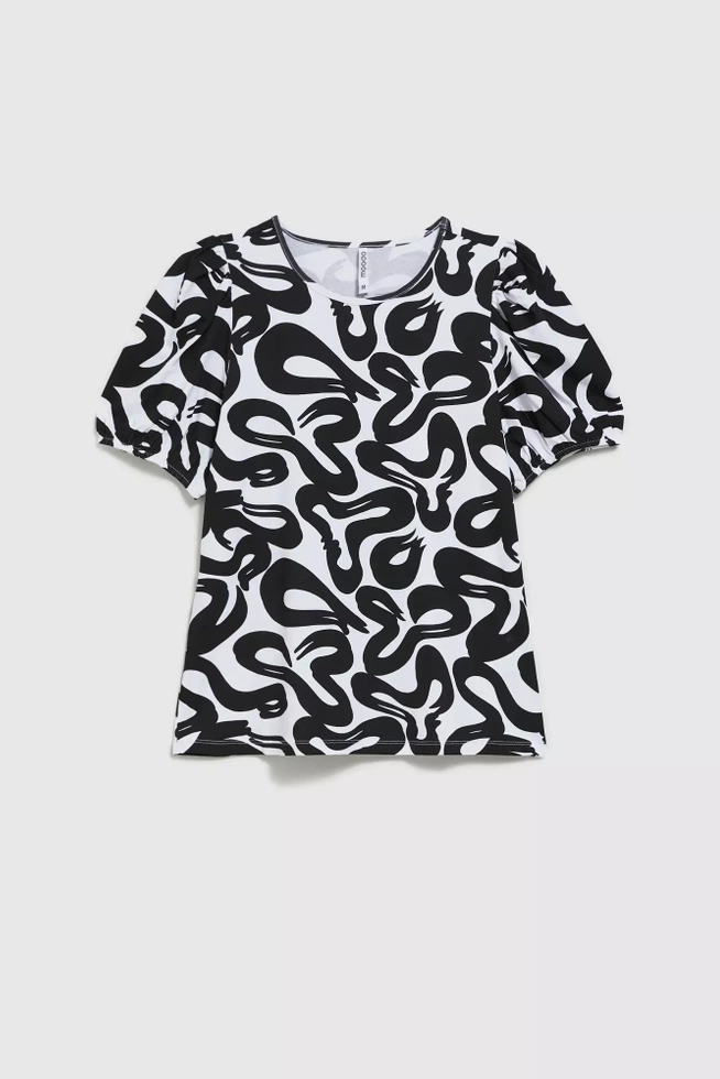 Bluzka z geometrycznym wzorem i bufiastymi rękawami czarno-biała