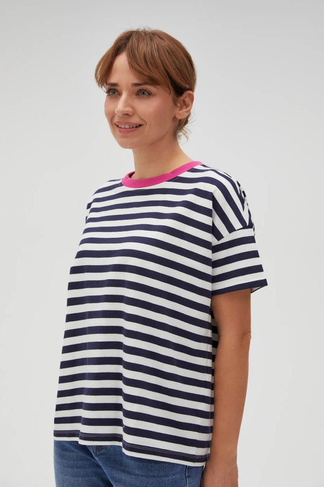 Bawełniana bluza w paski z krótkimi rękawami granatowa