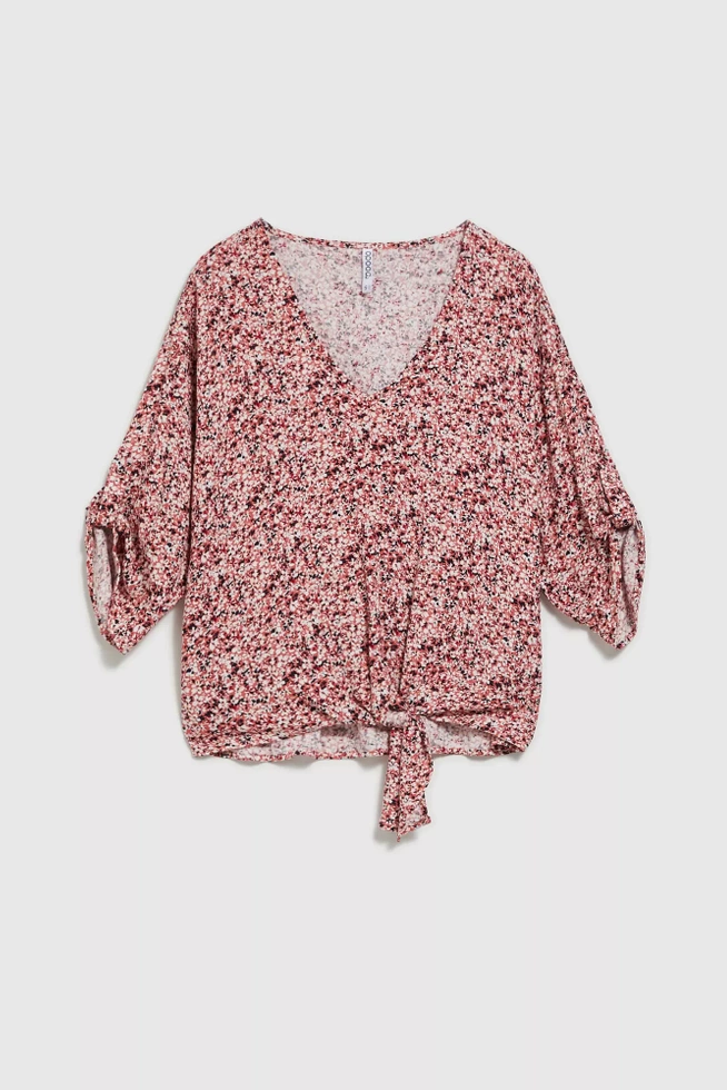 Wzorzysta koszula z dekoltem w serek i wiązaniem różowa