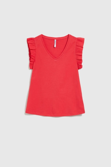 Bluzka z dekoltem w serek i falbaną na ramionach czerwona