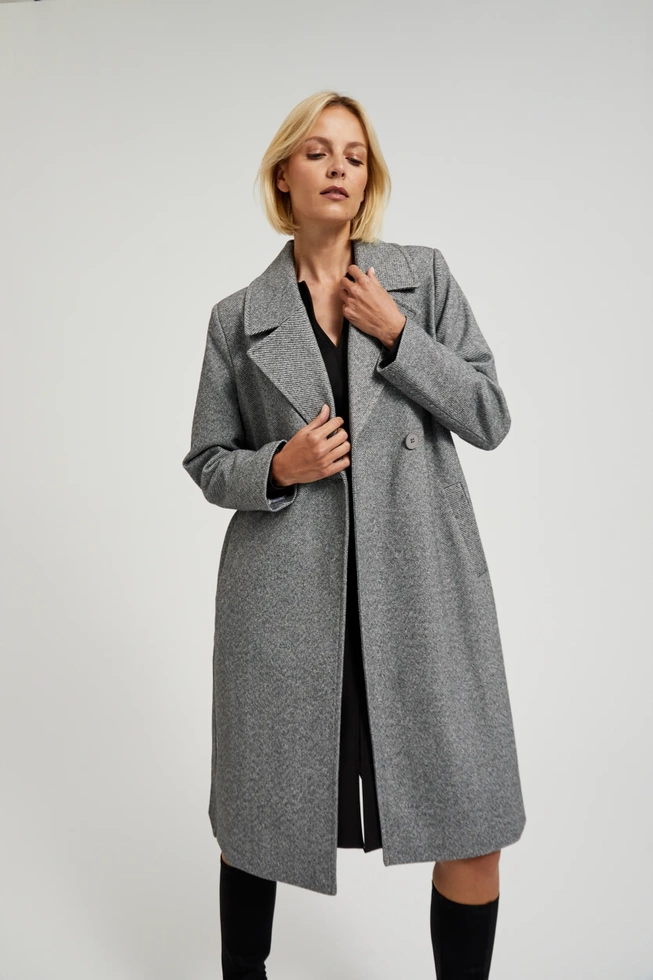 Dwurzędowy płaszcz z paskiem szary