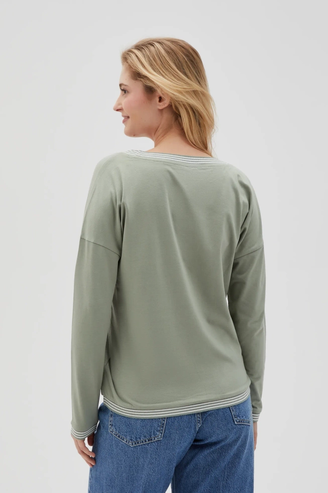 Bawełniana bluzka z długimi rękawami oliwkowa