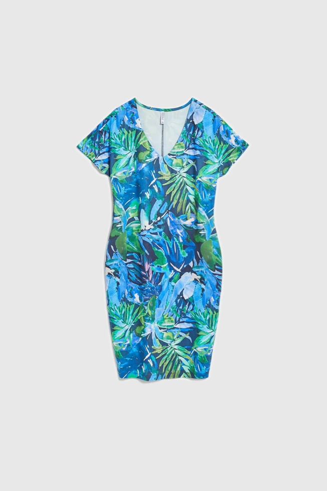 Sukienka w tropikalny wzór niebieska