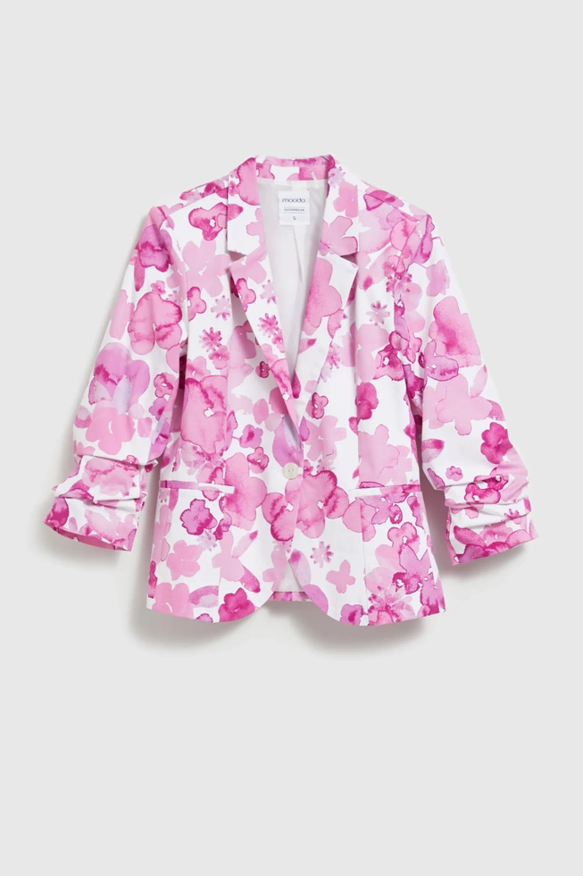 Marynarka z marszczonymi rękawami w kwiaty różowa