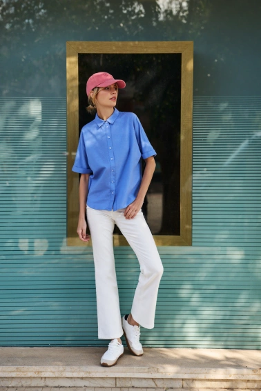 Bawełniano-lniana koszula niebieska