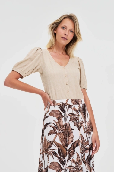 Bluzka z bufiastymi rękawami beżowa