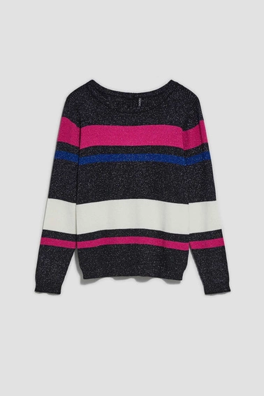 Dopasowany sweter w paski z metaliczną nitką czarny