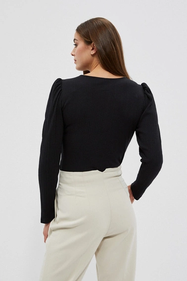 Bluzka z prążkowanej dzianiny z bufiastymi rękawami czarna