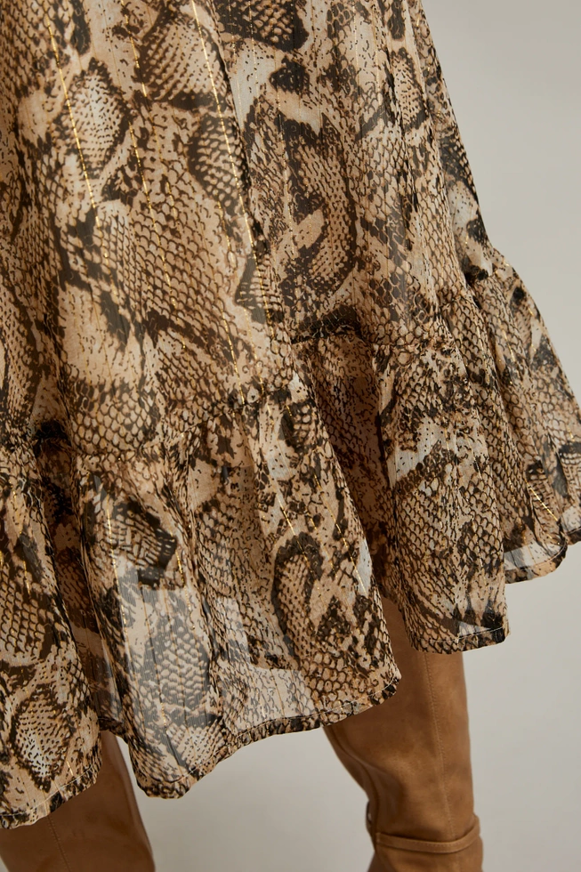 Sukienka z bufiastymi rękawami i zwierzęcym wzorem beżowa