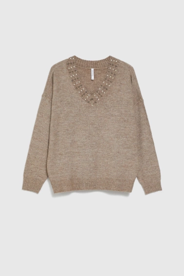 Sweter z ozdobnym dekoltem brązowy