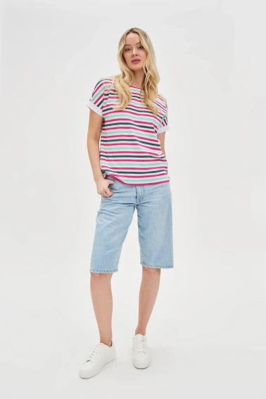 T-shirt w paski fuksjowy